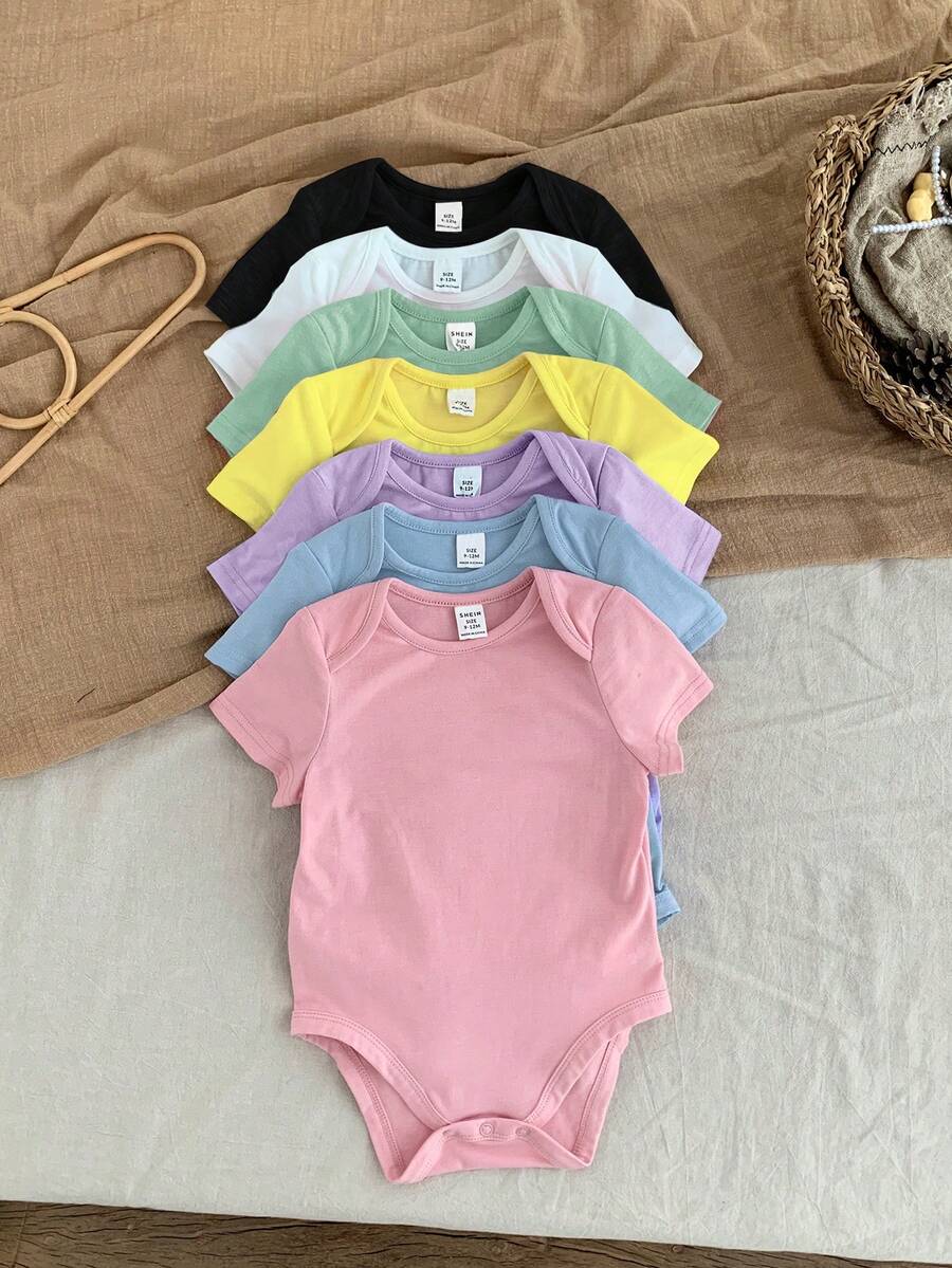 SHEIN LMoss Kids 7pcs/Set Newborn Baby Girl Cute Solid Color Knitted Short Sleeve Romper, Summer Baby Neutral Color Clothes Neutral Baby Clothes Unisex - Multicolor - View 1