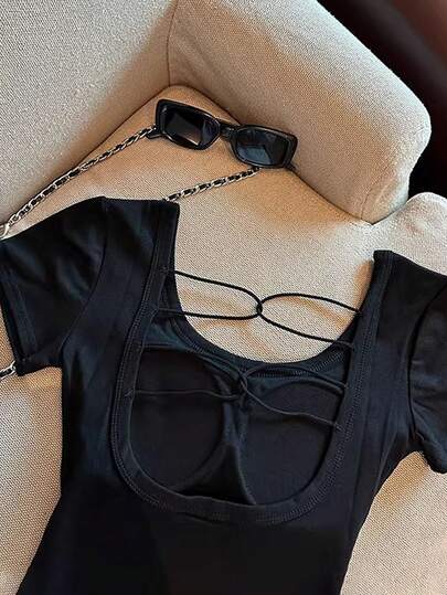 Franclia Women's Solid Color Hollow Out Padded Camisole Short Sleeve T-Shirt