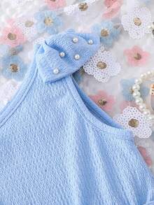 SHEIN 女童无袖T恤连体裤，饰有串珠蝴蝶结，时尚不对称设计，简约别致，适合外出、聚会、度假和休闲场合。 - 藍色 - 查看 3