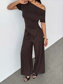 SHEIN PETITE Autumn/Winter Solid Brown Sexy Asymmetric Neck Women Short Sleeve Top & Pants 2 Pieces Set Autumn/Winter Thermal Lining Women's Knitted 2 Pieces Set Basic Knit Women's Asymmetric Neck Top - Brown - View 8