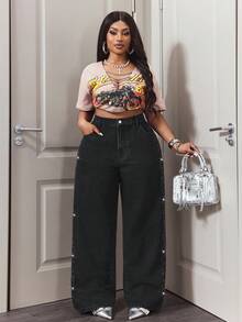 Slaydiva Quần jeans nữ cỡ lớn cạp cao có túi, đính đá, ống rộng, dáng suông, phong cách thường ngày. - màu đen - Xem 5