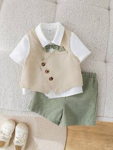 SHEIN 3pcs Set Includes White Shirt, Vest, Elastic Waist Shorts, Bow Tie, Short Sleeve Shirt Outfit, Suitable For Birthday Party, Rave, Evening Party, Performance, Wedding, Baby Shower, Christening, 1st Birthday Celebration, Wedding Guest, Baby Boy - Multicolor - View 10
