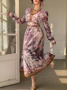 DAZY Vestido de dama de honor de manga abullonada con cuello en V y bloqueo de color floral elegante de longitud media, vestido de invitada de boda de primavera/verano - Rosa - Ver 9