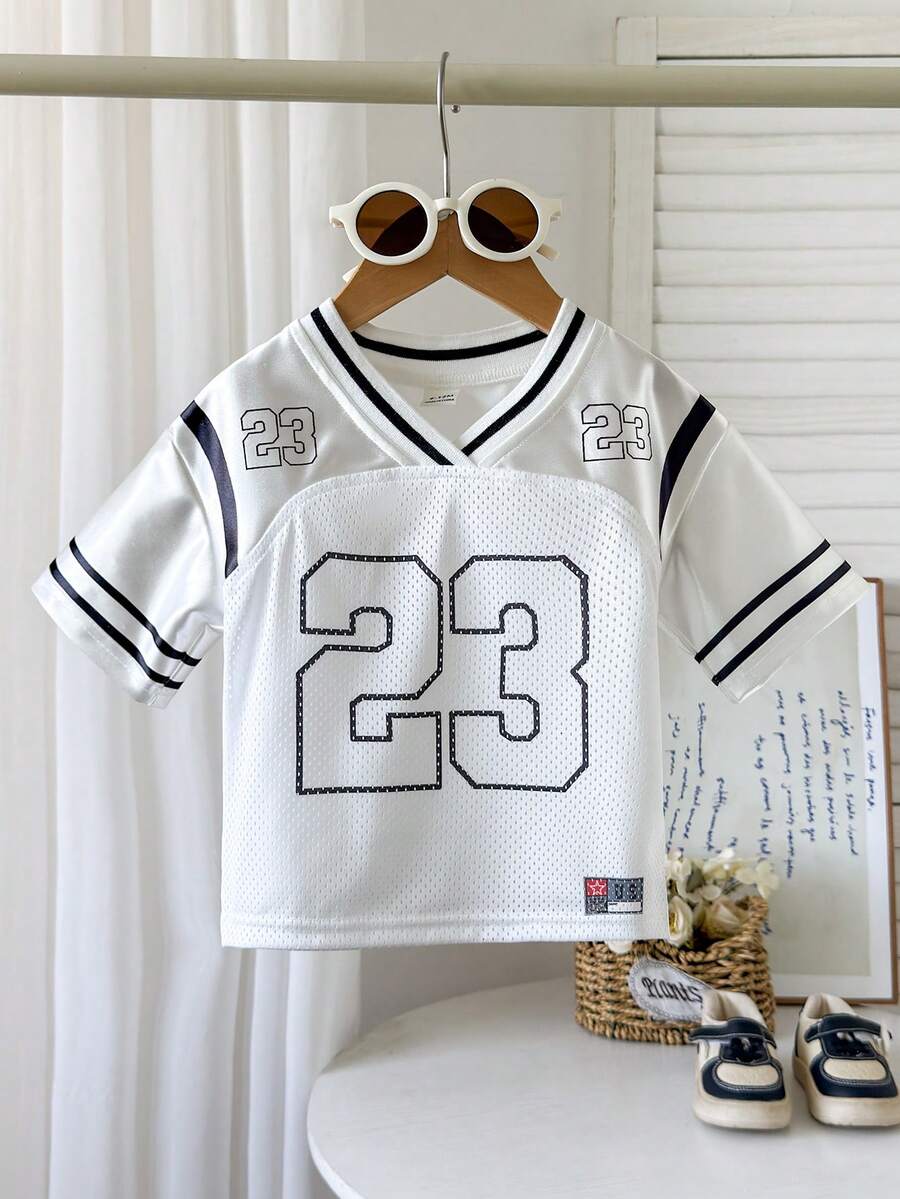 SHEIN Playful Pals Baby Mädchen V-Ausschnitt gestreiftes & numerisches Muster Lässig Sport Straßen Mode Jersey Top