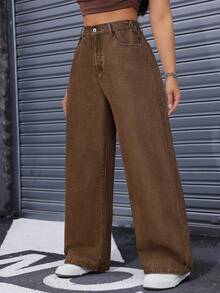SHEIN ICON 大码女式休闲日常通勤时尚街头风高腰宽松阔腿牛仔裤 - 咖啡棕 - 查看 4