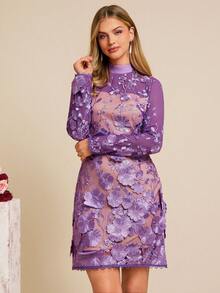 Amorya 女士紫色网纱刺绣收腰优雅迷你连衣裙，修身剪裁，适合日常穿着、约会、秋冬季及早春穿着。 - 紫色 - 查看 7