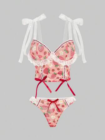 Ensemble de lingerie sexy comprenant un soutien-gorge à armatures avec lacets et un string, au motif mignon de fraises à pois et de dentelle, style Kawaii