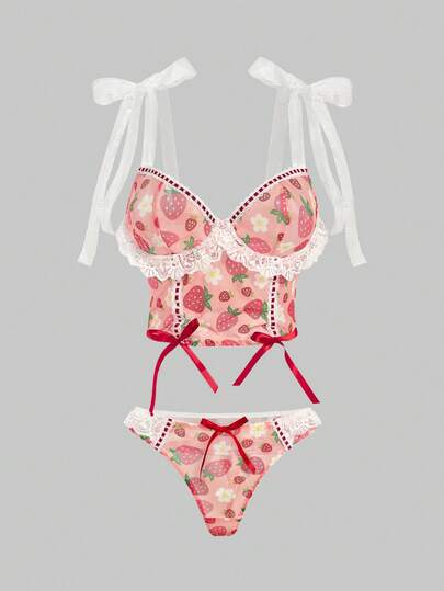 ROMWE Cute Doll-Like Kawaii Strawberry Polka Dot Lace-Up Underwire Bra And Thong Lingerie Set, Sexy