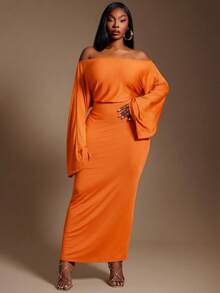 Radiana 大码女士性感优雅不对称领口收腰连衣裙，适合都市度假 - 亮橙色 - 查看 2