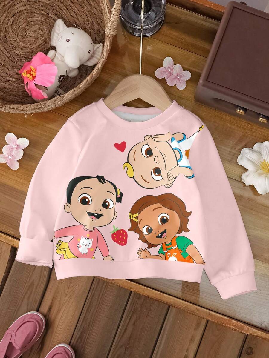 CoComelon X SHEIN Baby Girl Casual Cartoon Figure Graphic Crew Neck Sweatshirt, Autumn - White - View 1