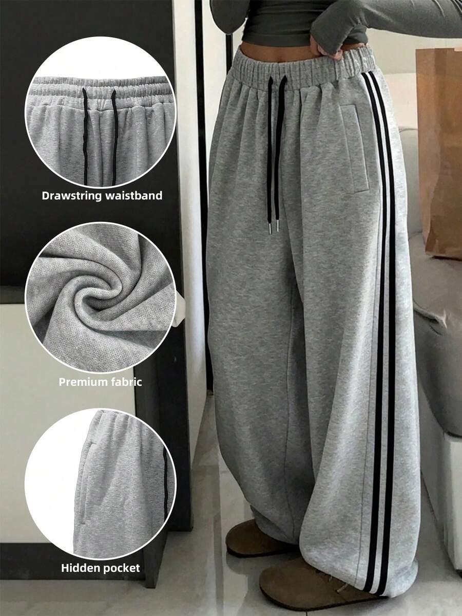 INAWLY Women's Grey & Black Striped Drawstring Waist Pockets Sweatpants - Grey - View 1