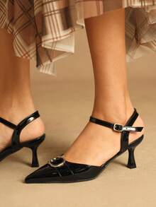 Rosivie 女士时尚优雅通勤纽扣尖头高跟鞋 - 黑色 - 查看 5