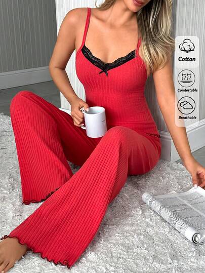 EURMUSE Cotton Women 2 Pcs Contrast Colour Lace Detail V Neck Rib Knit Sexy Top & Long Pants Homewear Comfort Solid Homewear Lounge Set