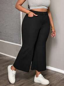 SHEIN PETITE CURVE 大码休闲纯色喇叭裤，适合日常生活、通勤、聚会、毕业典礼、办公室、约会、春季、外出等场合，女士休闲黑色裤子 - 黑色 - 查看 6
