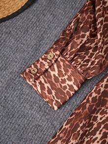 Franclia Women's Leopard Print Loose Fit Gathered Neck Long Sleeve Dress - Brown - View 8