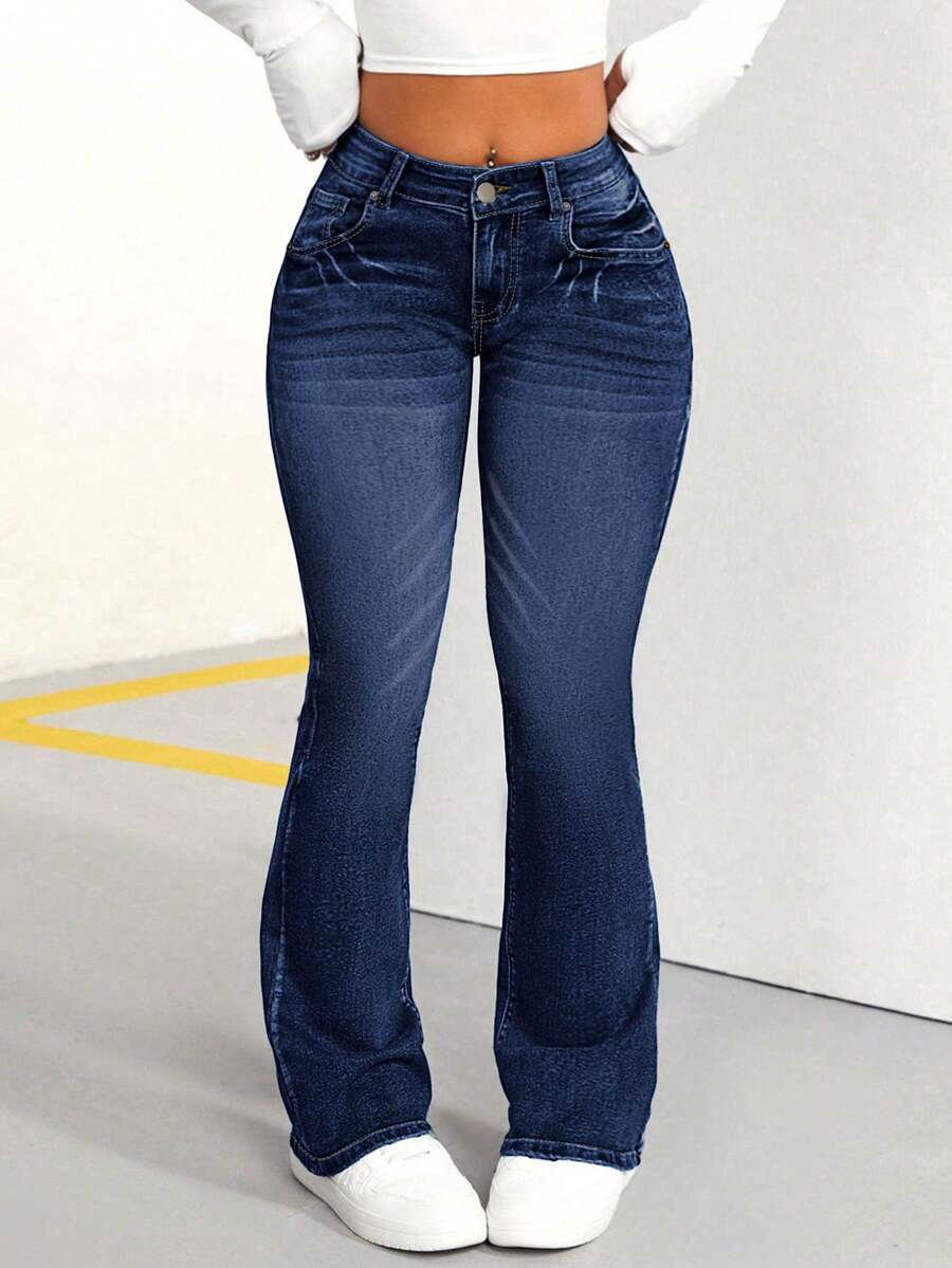 SHEIN PETITE Jeans acampanados casuales y versátiles para ir al trabajo con bolsillos para mujeres - Azul - Ver 1