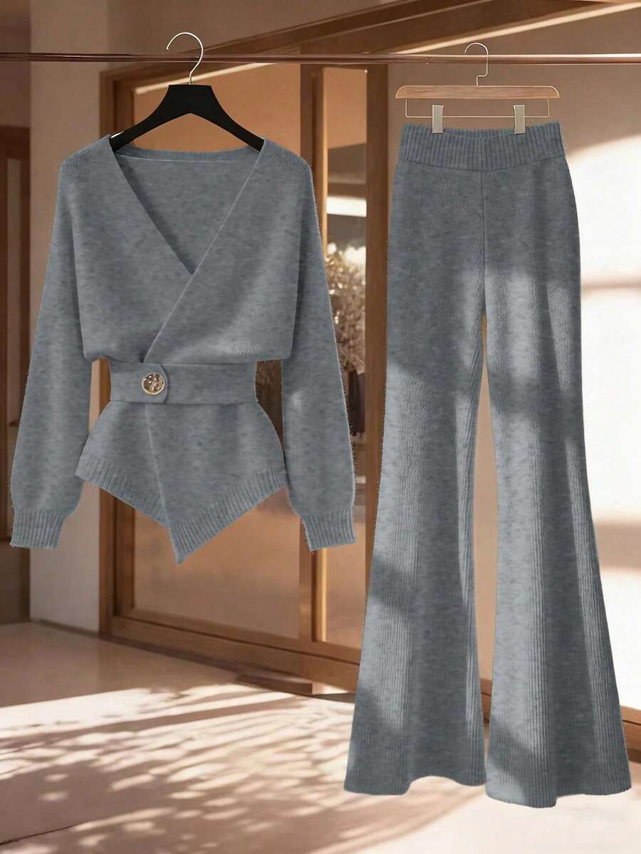 Franclia 2pcs/Set Women Casual Loose Fashion Elegant Commuting High-Quality Knitted Sweater Set, Autumn/Winter - Grey - View 1