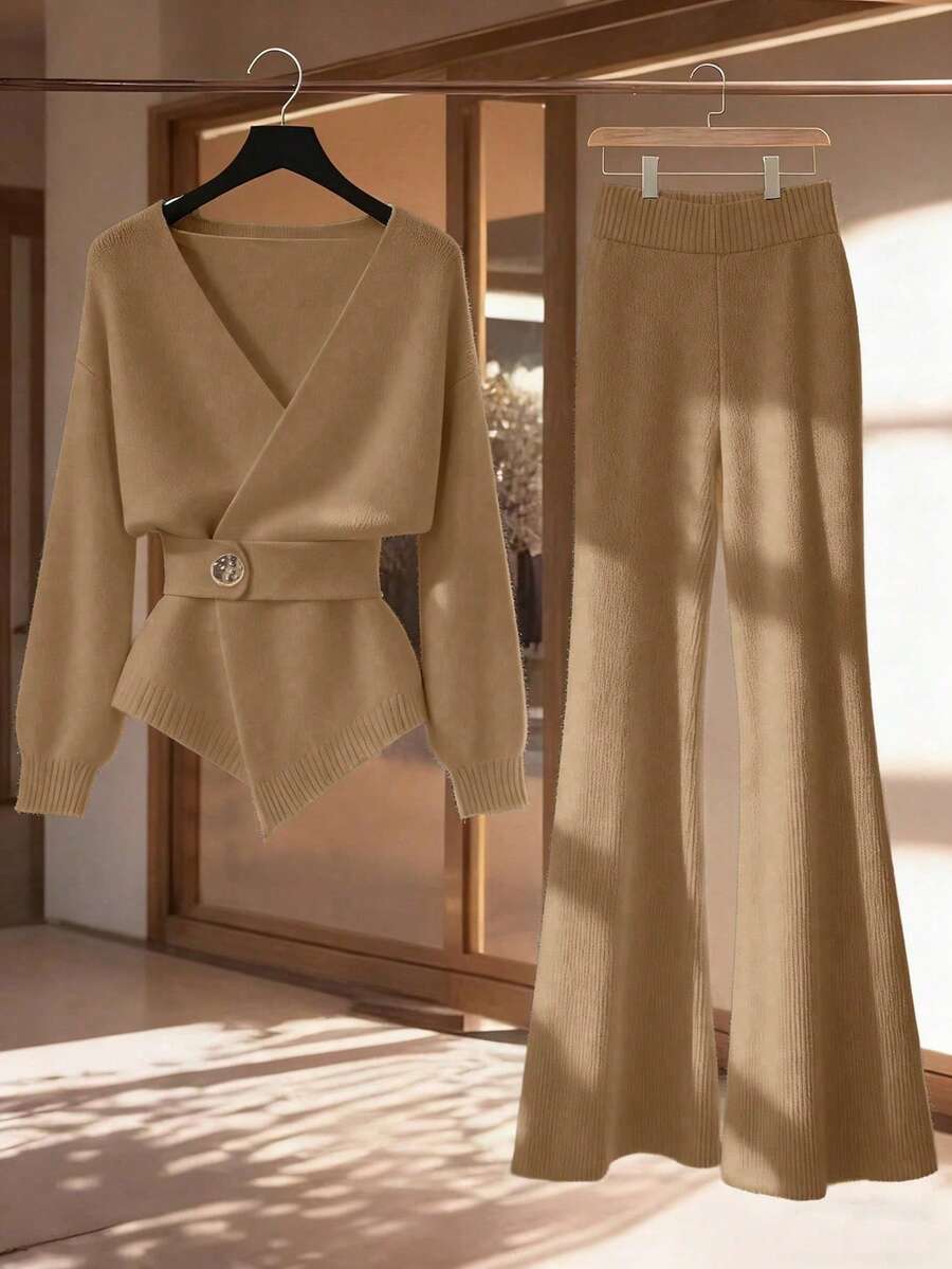 Franclia 2件套女士休闲宽松时尚优雅通勤高品质针织毛衣套装，秋冬季 - 駝色 - 查看 1