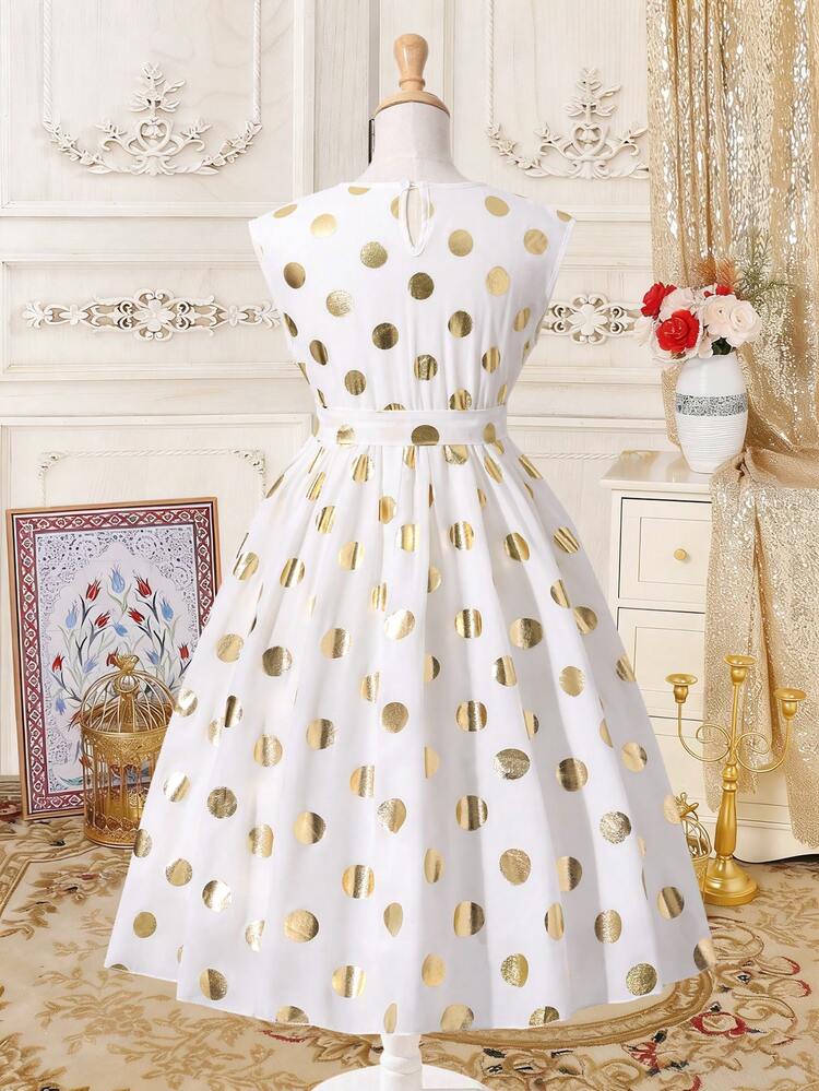 SHEIN Elegant Tween GirlsWhite Dress With Gold Polka Dots And Lace Trim,  Featuring Fashionable Off-Shoulder Design; Suitable For Spring/Summer Wear,  Comfortable Fit And Exquisite Craftsmanship, Incorporating Middle Eastern  Aesthetic Elements ...