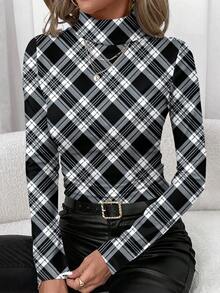 SHEIN Clasi 女士休闲简约黑色格子高领打底衫 - 彩色 - 查看 7