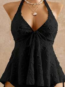 Bellisia Women's Relaxed Vacation Polka Dot Textured Fabric Camisole Bikini Top - Black - View 3