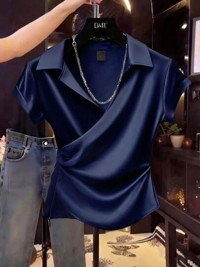Franclia Women's Elegant Navy Blue Satin Lapel Twist Ruched Fitted Short Sleeve Blouse