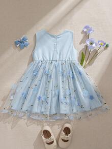 Souflis Souflis 法国新款女婴浅蓝色精致刺绣网纱无袖连衣裙，配3D蝴蝶结，适合派对、外出及各种场合。 - 淺藍色 - 查看 8