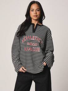 MISSGUIDED Striped Long Sleeve Crew Neck T-Shirt With Athletic League Graphic Print Fall Winter Casual Pullover Top - Black and White - View 1