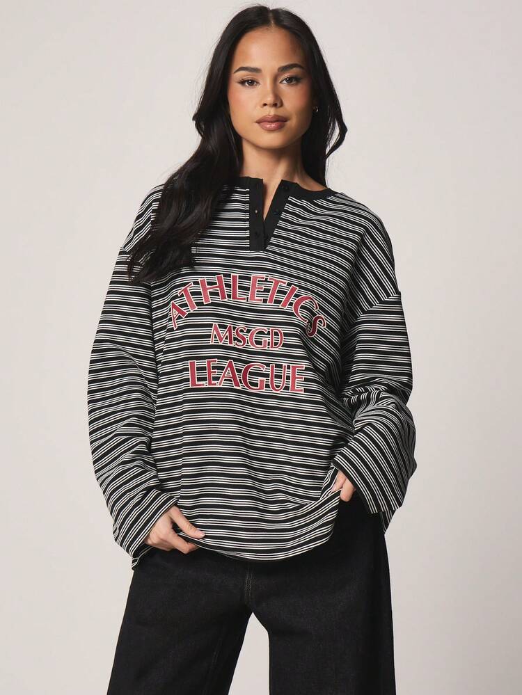 MISSGUIDED Striped Long Sleeve Crew Neck T-Shirt With Athletic League Graphic Print Fall Winter Casual Pullover Top