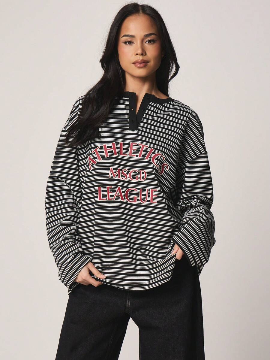 MISSGUIDED Striped Long Sleeve Crew Neck T-Shirt With Athletic League Graphic Print Fall Winter Casual Pullover Top - Black and White - View 1