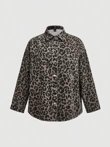 Maija Plus-Size Leopard Print Denim Shirt, Casual Loose Jacket,Y2K Style,Brown Top,Y2k Clothes,Going Out Top - Multicolor - View 7