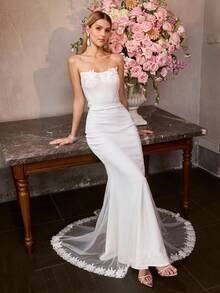 MOTF Soiréza VESTIDO DE NOCHE ELEGANTE PARA MUJER TIPO SIRENA SIN TIRANTES Y AJUSTADO CON DETALLES DE APLICACIONES FLORALES EN EL PECHO/CINTURA, BAJO DE TUL TRANSLÚCIDO CON ACENTOS FLORALES - IDEAL PARA BODAS, CENAS DE GALA, CELEBRACIONES Y RECEPCIONES FORMALES - Blanco - Ver 6