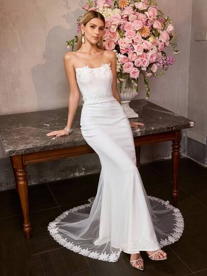 MOTF Soiréza VESTIDO DE NOCHE ELEGANTE PARA MUJER TIPO SIRENA SIN TIRANTES Y AJUSTADO CON DETALLES DE APLICACIONES FLORALES EN EL PECHO/CINTURA, BAJO DE TUL TRANSLÚCIDO CON ACENTOS FLORALES - IDEAL PARA BODAS, CENAS DE GALA, CELEBRACIONES Y RECEPCIONES FORMALES