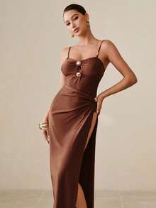 Swim Oasis Áo tắm liền thân gợi cảm, thanh lịch, khoét rỗng, đính kim loại dành cho nữ, kiểu dáng dự tiệc biển, nghỉ lễ, kèm áo khoác ngoài. - màu nâu - Xem 6