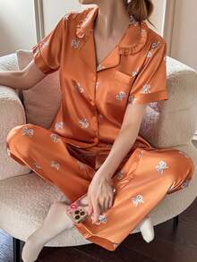 Dream Adore 2pcs Orange Women Sleepwear Set With Ruffle Collar, Bow Print And Short Sleeve - Orange - View 4