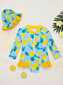 Baby Girls' Cute Lemon Print Ruched Zipper Front One-Piece Swimsuit With Adjustable Bow Sun Hat, For Beach Vacation, Spring/Summer/Autumn