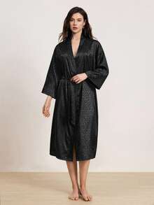 1pc Women's Elegant Soft & Silky Jacquard Long Sleeve Robe, Sexy Loose Breathable Sleepwear, Suitable For All Seasons Home Use - Black - View 3