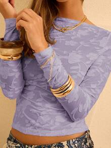 Aralina 女士休闲提花长袖修身短款T恤，适合日常、度假、通勤、春夏穿着 - 紫丁香色 - 查看 3