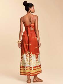 Travachic Women's Boho Orange Palm Print Spaghetti Strap Long Jumpsuit Woven Fabric Sleeveless Summer Style - Orange - View 2