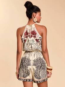Travachic Women's Summer Vacation Plant Print Halter Jumpsuit - Apricot - View 2