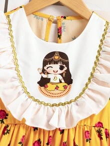 女孩黄色阿巴雅长袍，中东穆斯林女孩传统服饰，碎花连衣裙，荷叶边领口和下摆，舒适优雅 - 黃色 - 查看 8