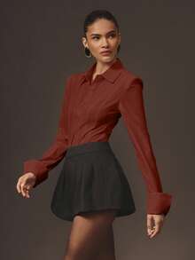 Hauture Women's Sexy Office Casual Bold Shoulder With Boning Long Sleeves Shirt Bodysuit - Red - View 5