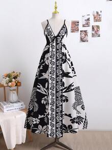 Floral Print Dress, Suitable For Beach, Travel, Outings, And Home Wear For Teenage Girls - Black and White - View 6