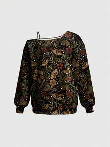 ROMWE Fairycore Áo sweatshirt nữ cỡ lớn họa tiết hoa lá, phong cách hippie gợi cảm, dây đeo vai bất đối xứng, thích hợp cho mùa Thu/Đông. - màu đen - Xem 2