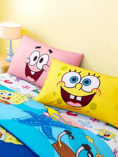 SpongeBob SquarePants | SHEIN Set de 2 fundas de almohada con estampado de dibujos animados, fundas de almohada amarillas/rosas, de material arenado transpirable, cómodas y cálidas, lavables a máquina, en varios tamaños, adecuadas para diferentes almohadas, ideas de regalo