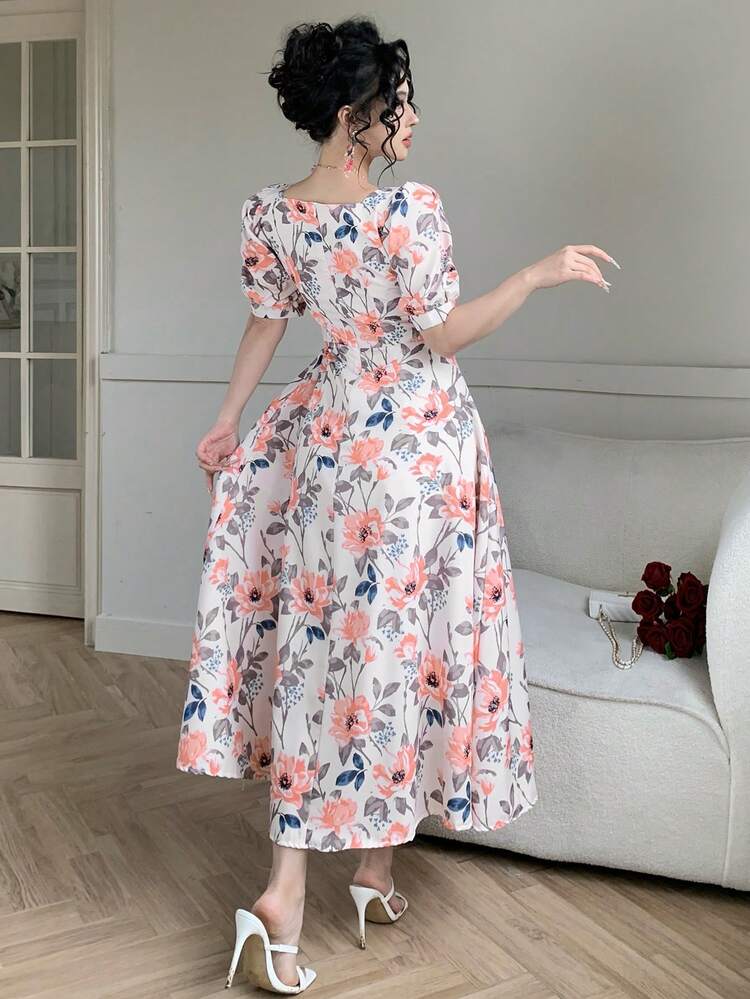 Women's Elegant Floral Print Square Neck Puff Sleeve Dress, Summer Wedding Guest Dress Sundress