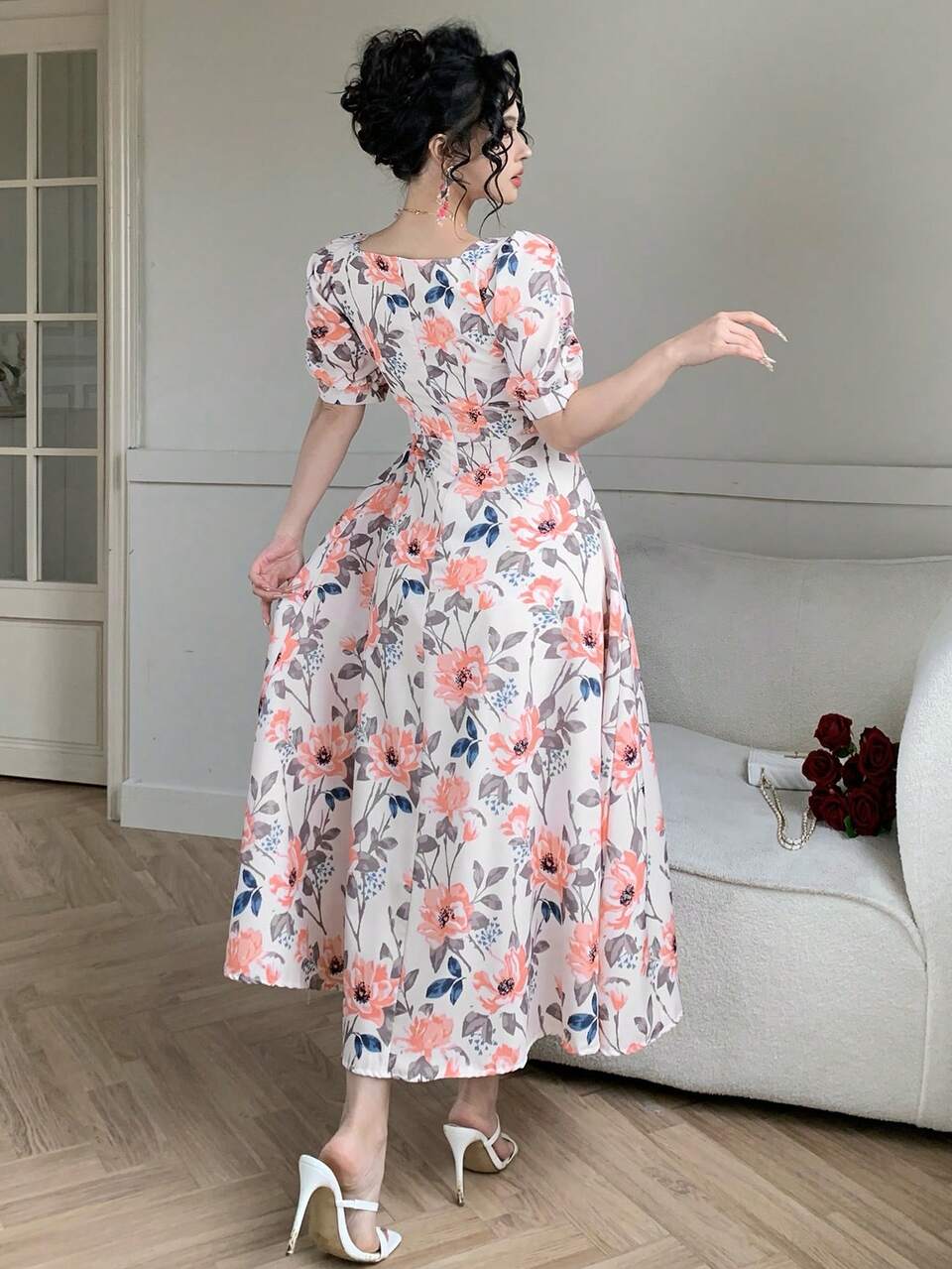 Women's Elegant Floral Print Square Neck Puff Sleeve Dress, Summer Wedding Guest Dress Sundress Boho Vacation Outfits Women