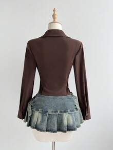 Elamini Áo kiểu tay dài cổ tròn kẻ sọc dáng retro gợi cảm, đa năng dành cho nữ, thích hợp cho mùa xuân. - màu nâu - Xem 2