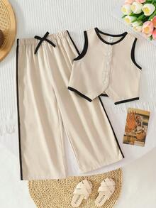 SHEIN Young Girl Casual Spring/Summer Plain Woven Sleeveless Vest And Pants Set