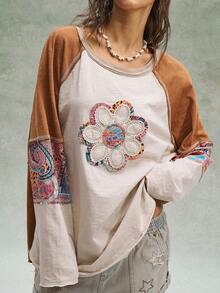 Bohemela 大码女式花卉贴花圆领插肩袖休闲宽松T恤 - 杏色 - 查看 2